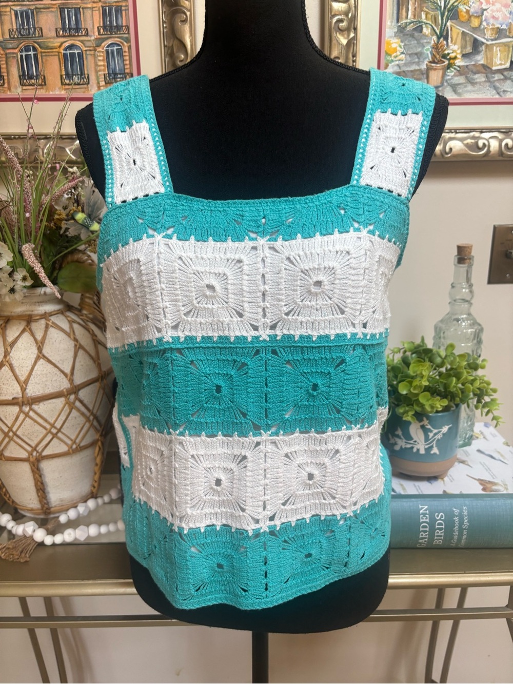 crown & ivy Teal and White Crochet Square-Neck Cropped Tank - Retro Style-Boho